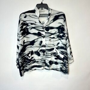 bryn Walker Button Front Tunic Blouse Womens S Black 3/4 Sleeve Pockets Marble